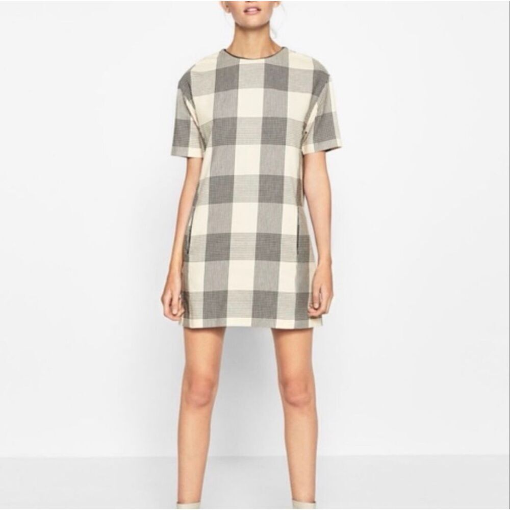 Zara Trafaluc Collection Plaid Shift Dress Sz XS Black Gray Cream Short Sleeve